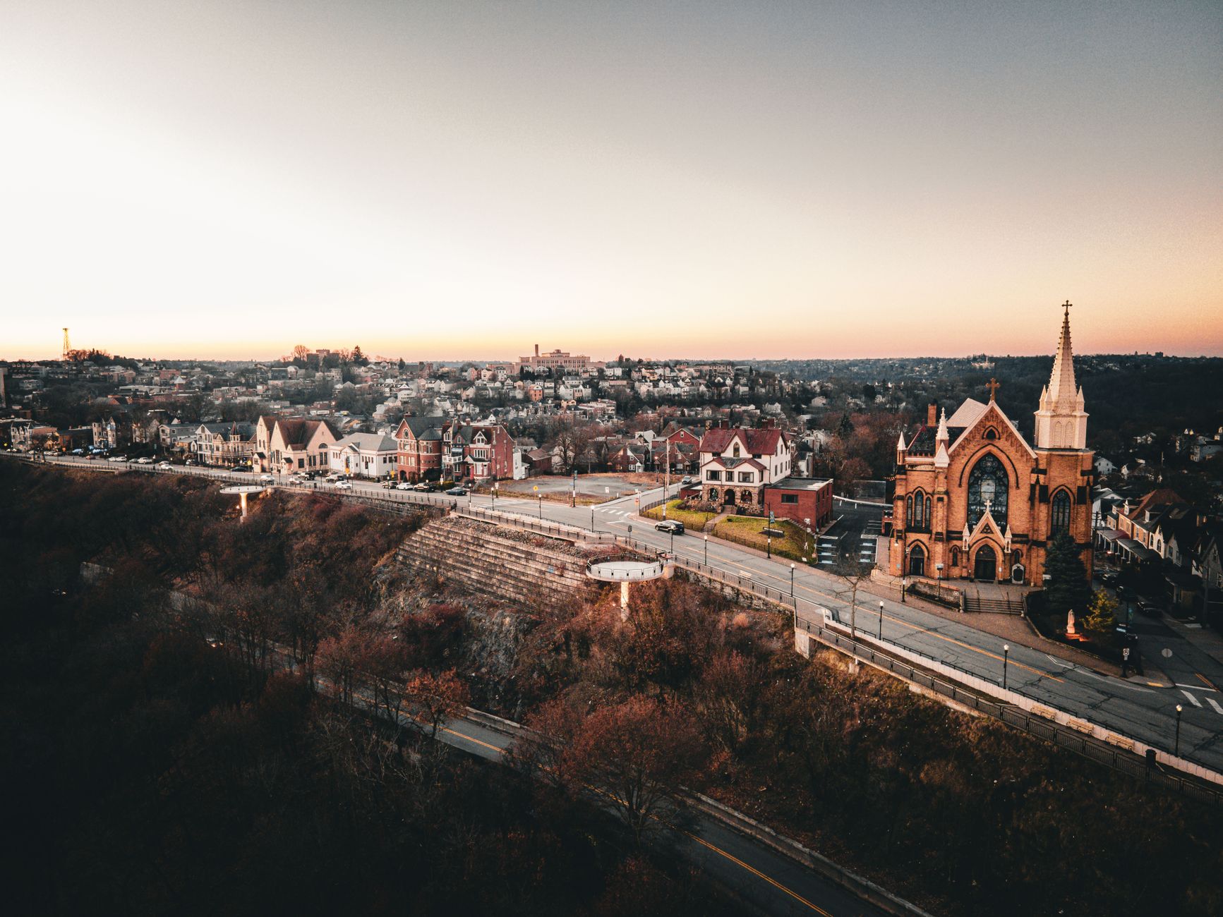 Aerial view across Pittsburgh neighborhoods