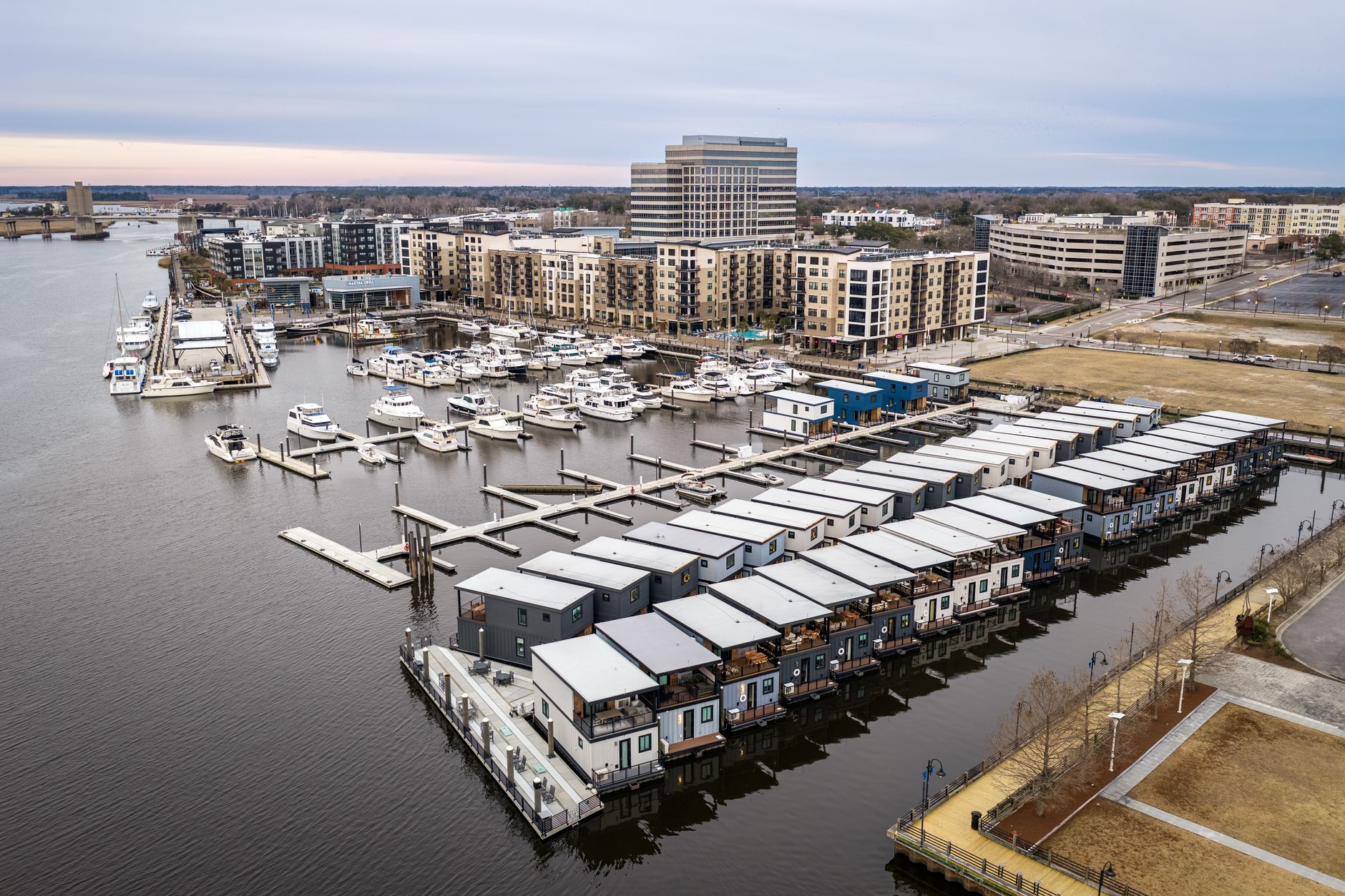 Wilmington riverfront marina and waterfront buildings