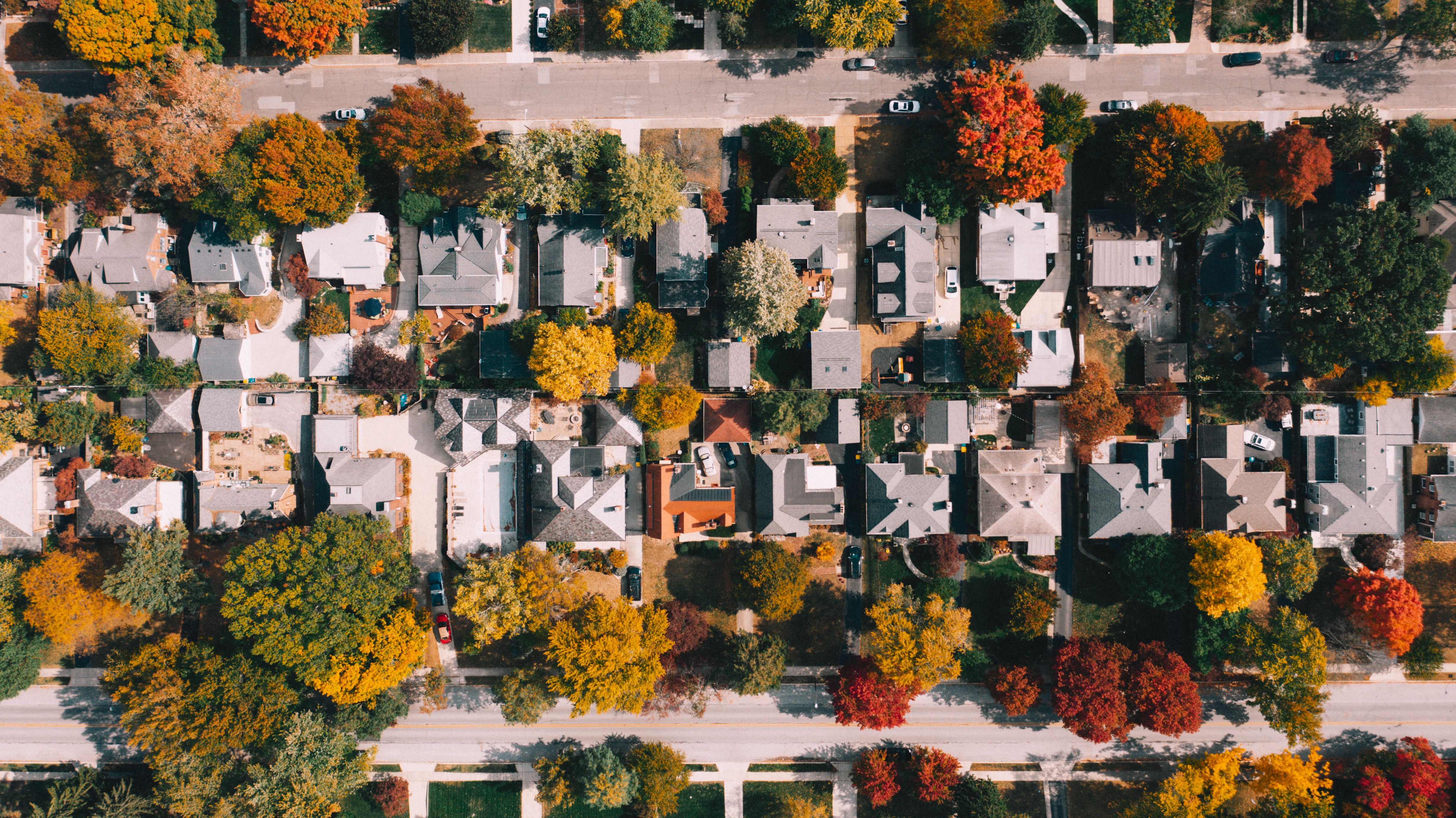 Aerial view of a suburban neighborhood with homes and tree-lined streets