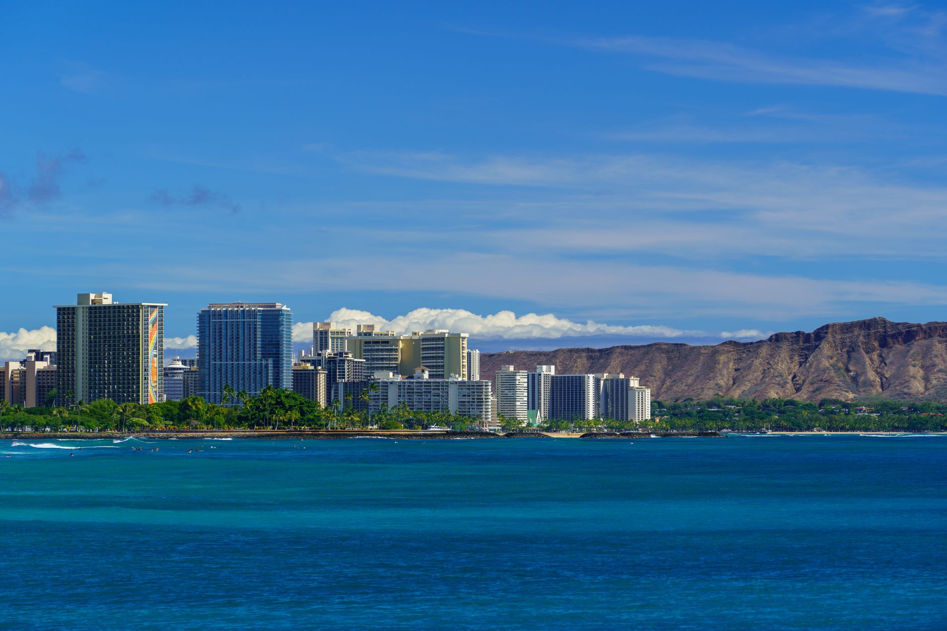 Honolulu skyline, Diamond Head, and the Pacific Ocean