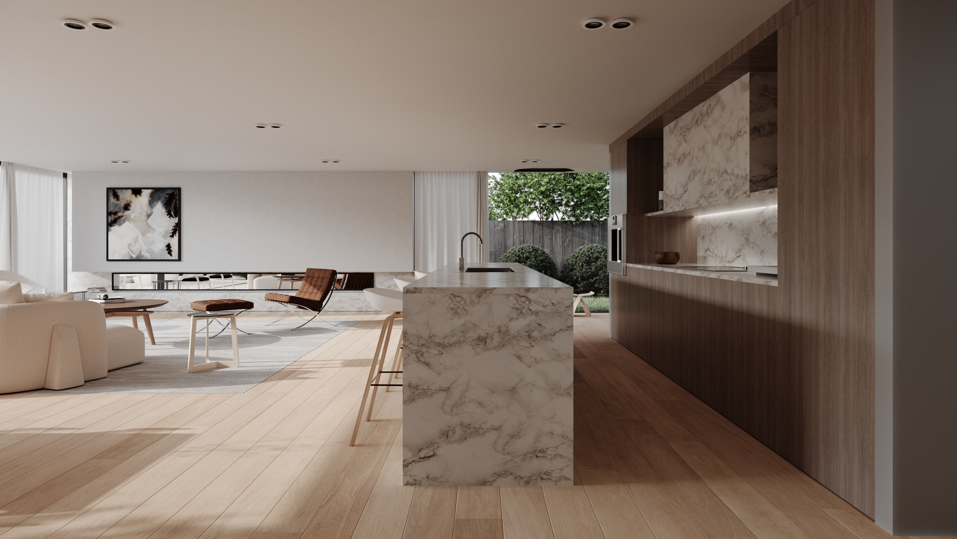 Open-plan kitchen and living space with clean architectural lines