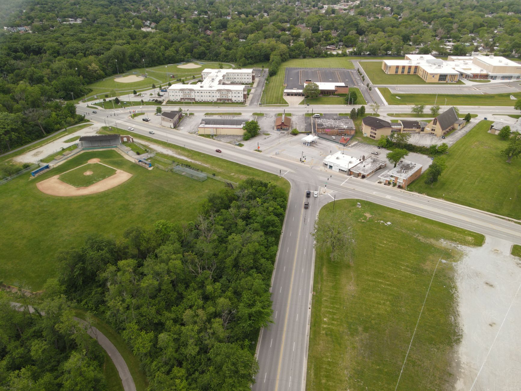 Aerial view of streets and buildings in Chicago Heights, Illinois