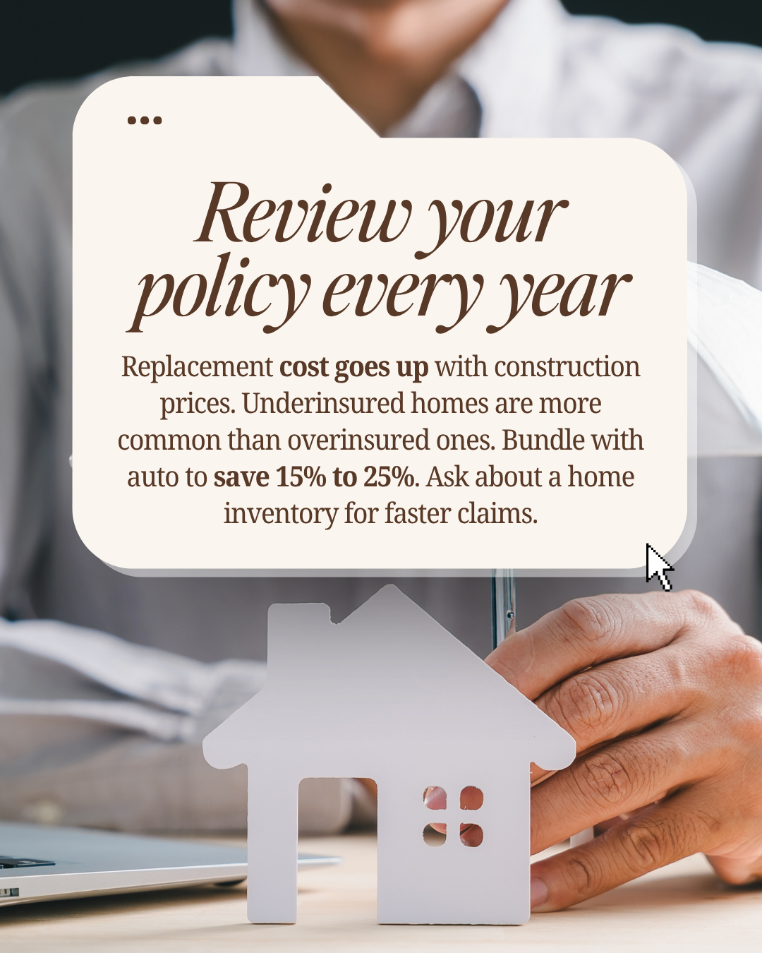 Home insurance review graphic with a small house model and policy reminder