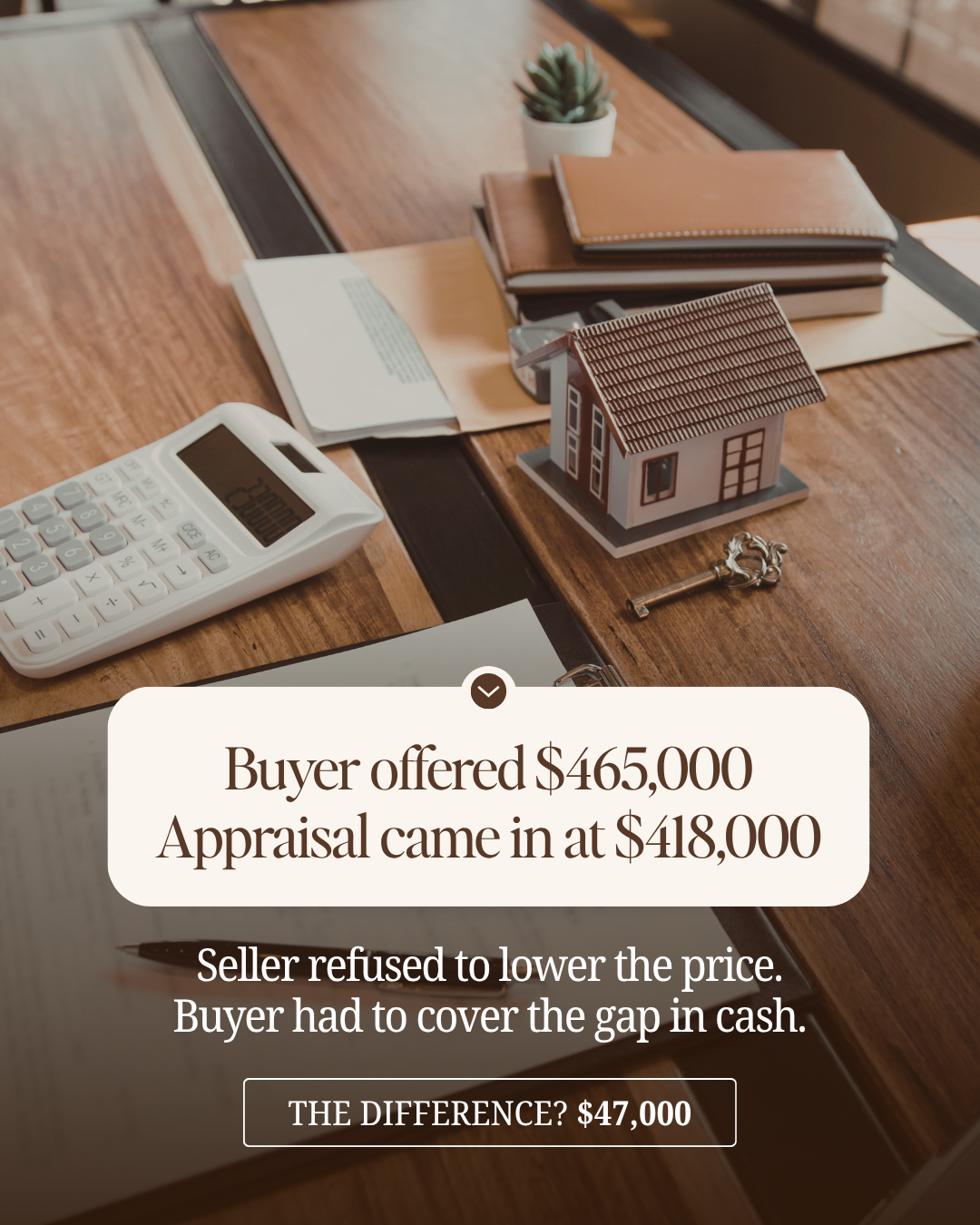 Desk scene with calculator, keys, a small house model, and text about protecting cash when buying a home