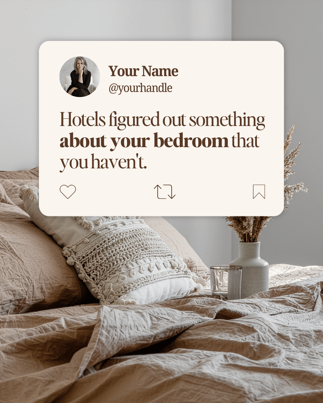 Cozy neutral bedroom illustrating why hotel rooms feel calm and uncluttered