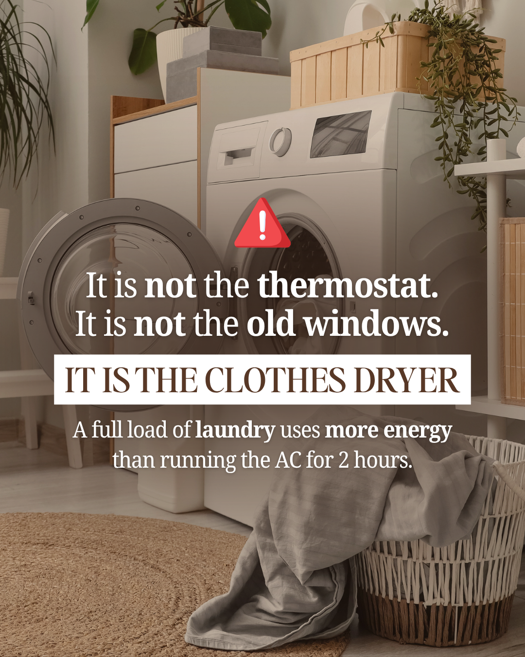 Laundry room graphic showing a washer and dryer with overlaid energy-saving message