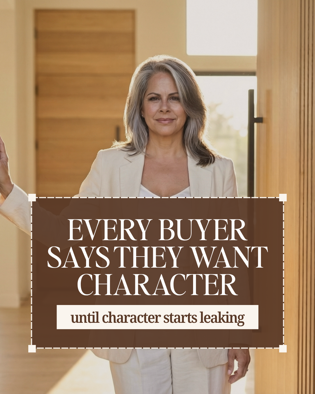 Buyer character home article graphic with Leslie Huggins in a bright interior
