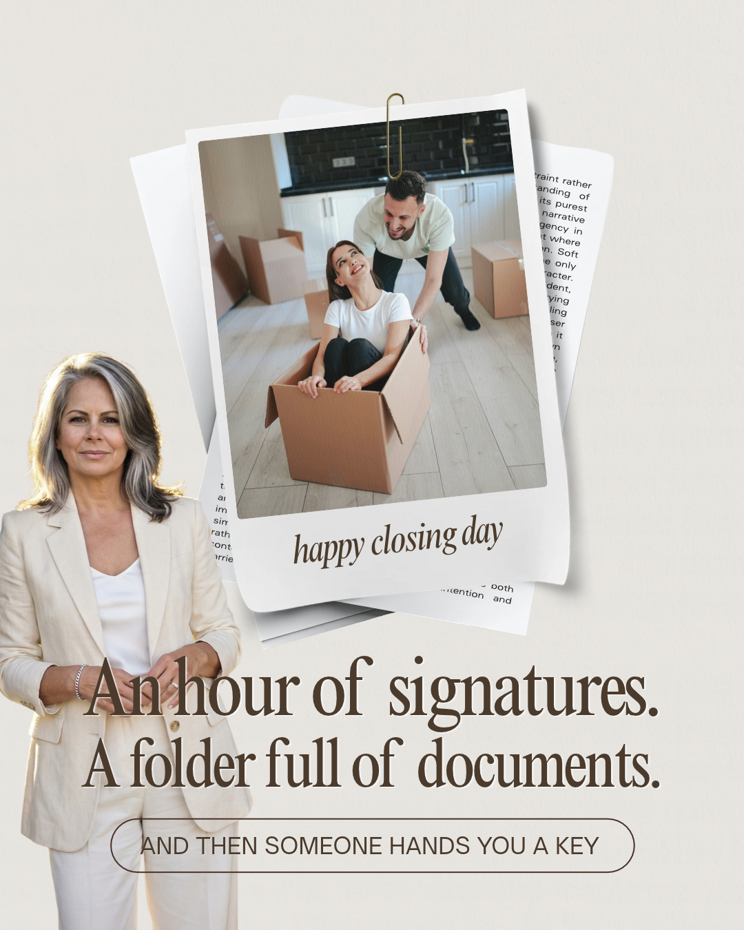 Leslie Huggins beside a closing day collage of documents and a couple moving into their new home, with the article title