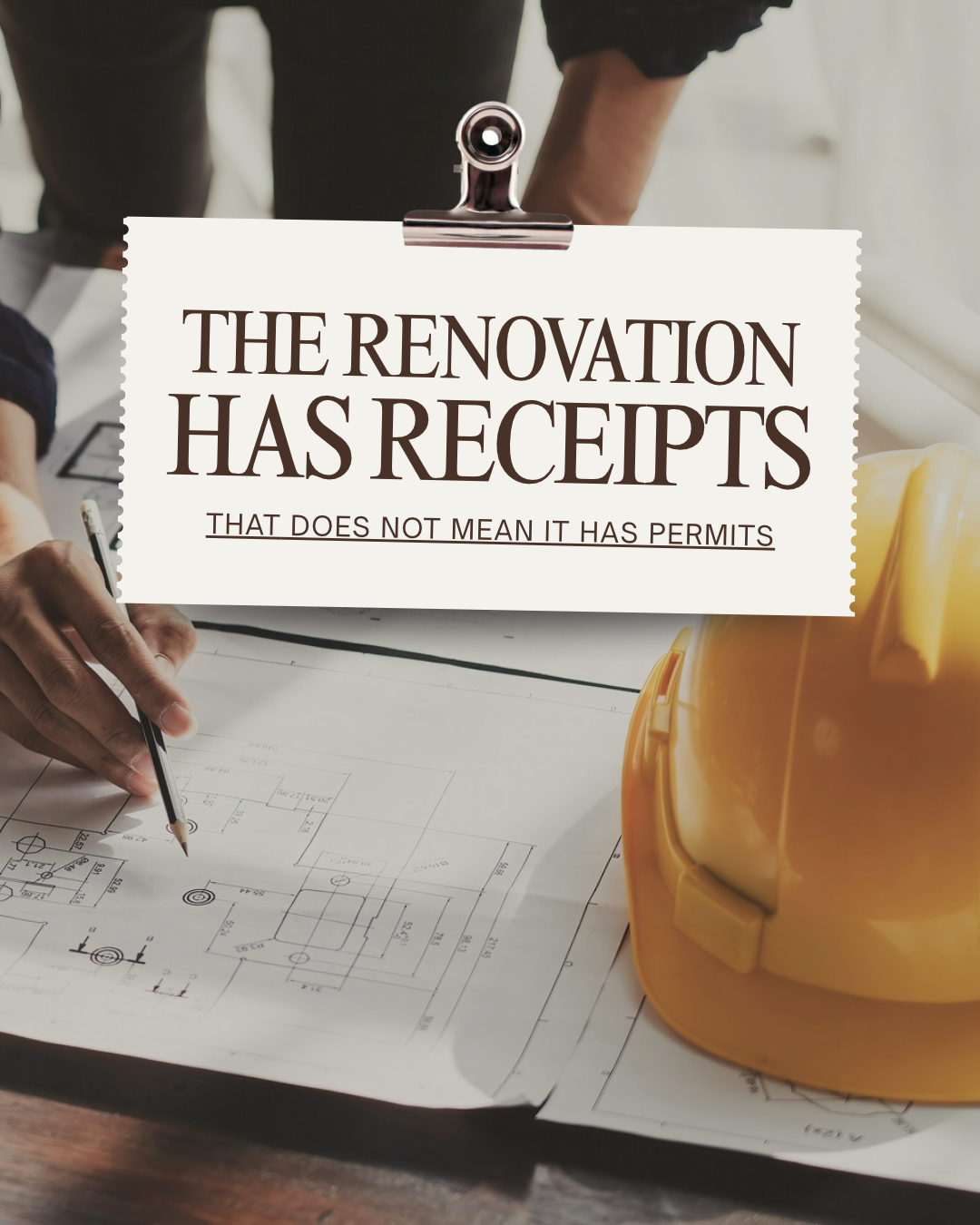 Renovation permit graphic on a clipboard above architectural plans and a yellow hard hat