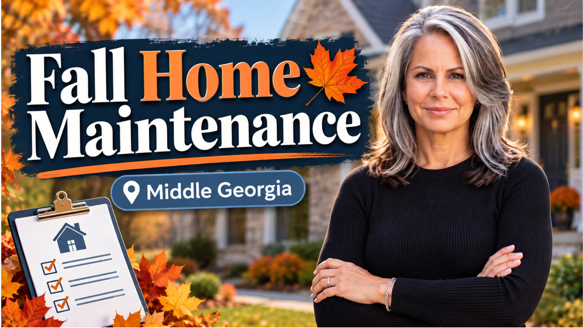 Fall Home Maintenance in Middle Georgia graphic featuring Leslie Huggins, a fall house scene, and a maintenance checklist