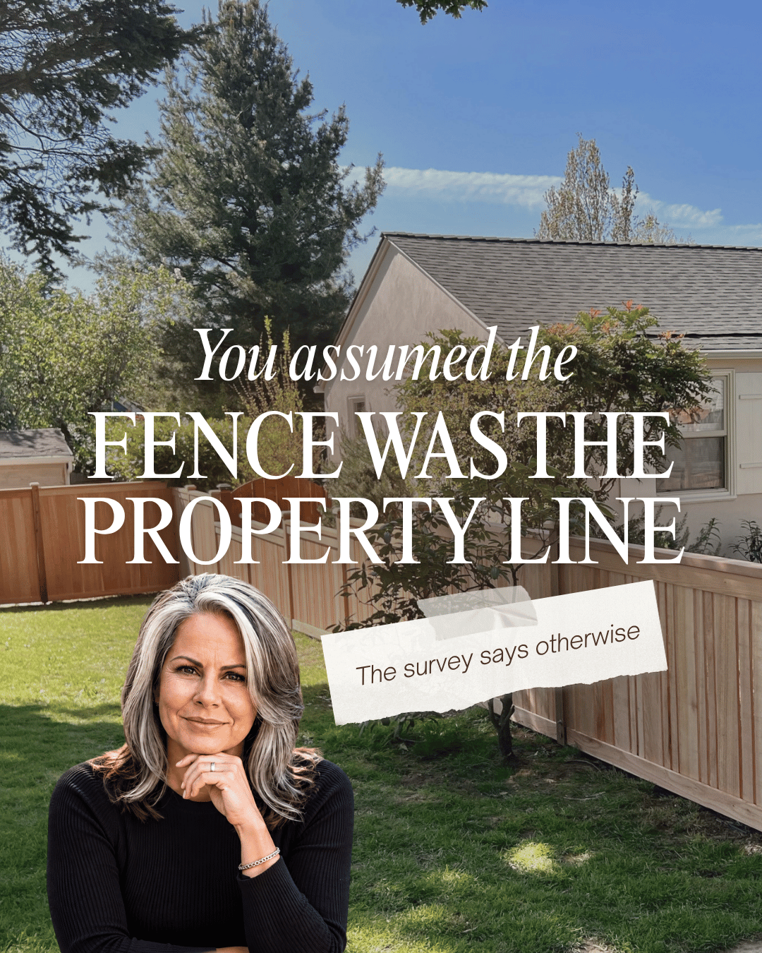 Leslie Huggins in a fenced backyard beside a graphic about assumed property lines and what a survey may show