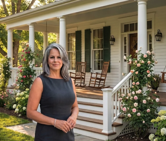 Leslie Huggins outside a white front porch with rocking chairs and flowering shrubs