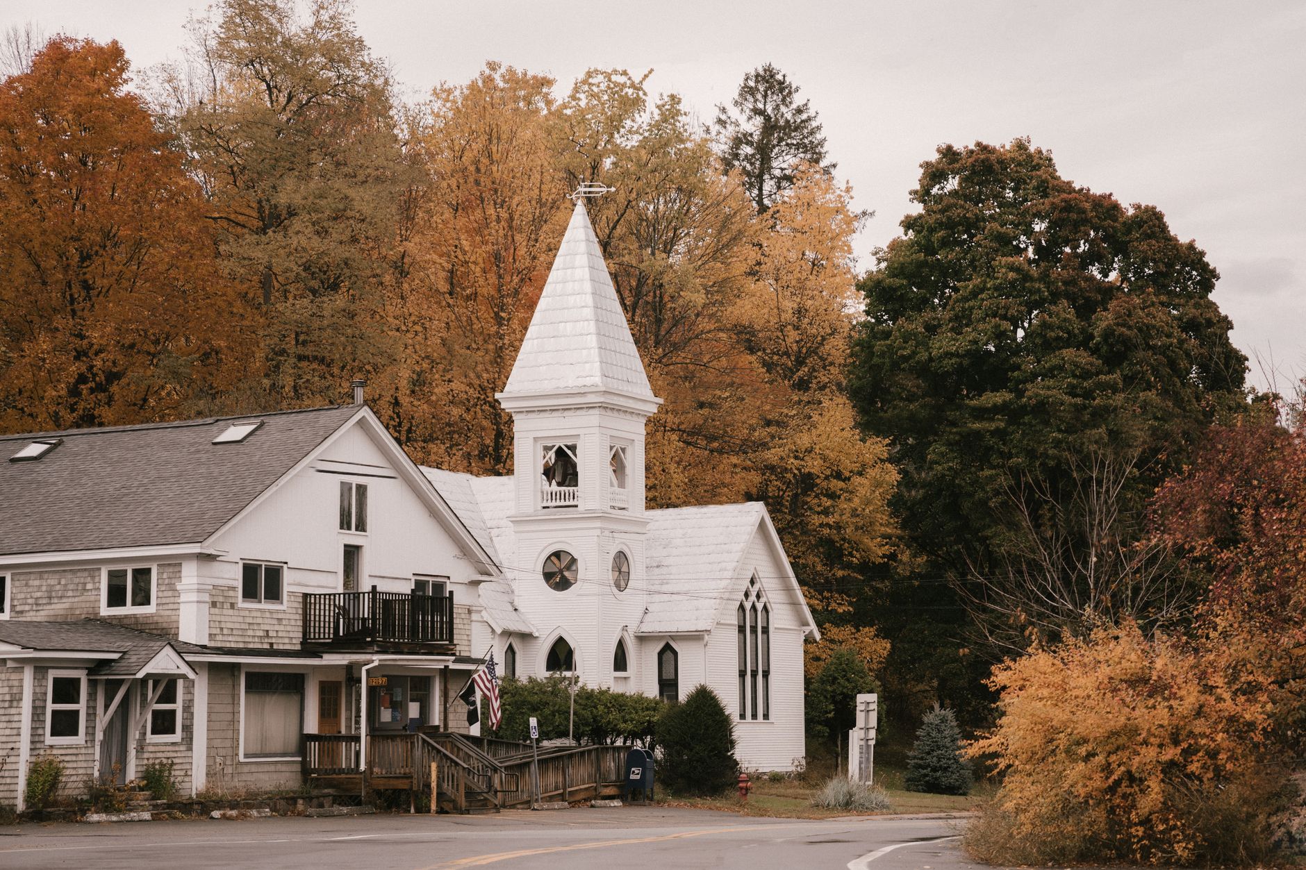 Contemporary New England home in autumn