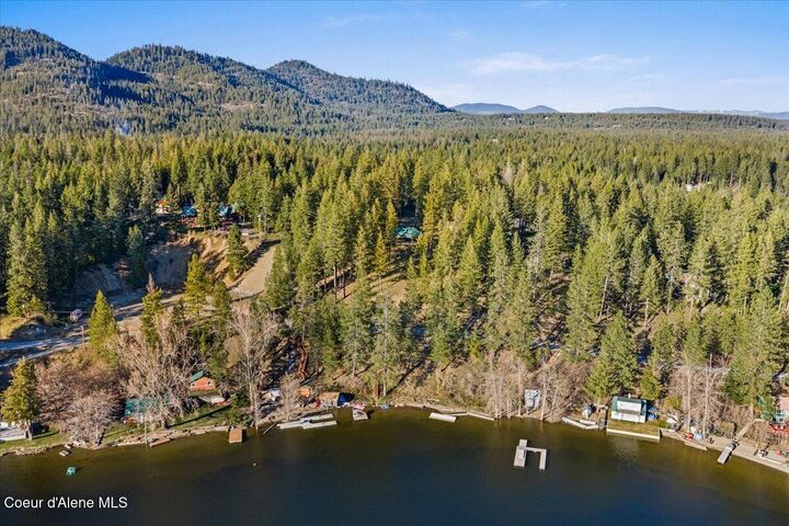 Aerial view of the waterfront acreage at 8072 W Radmer Road in Rathdrum