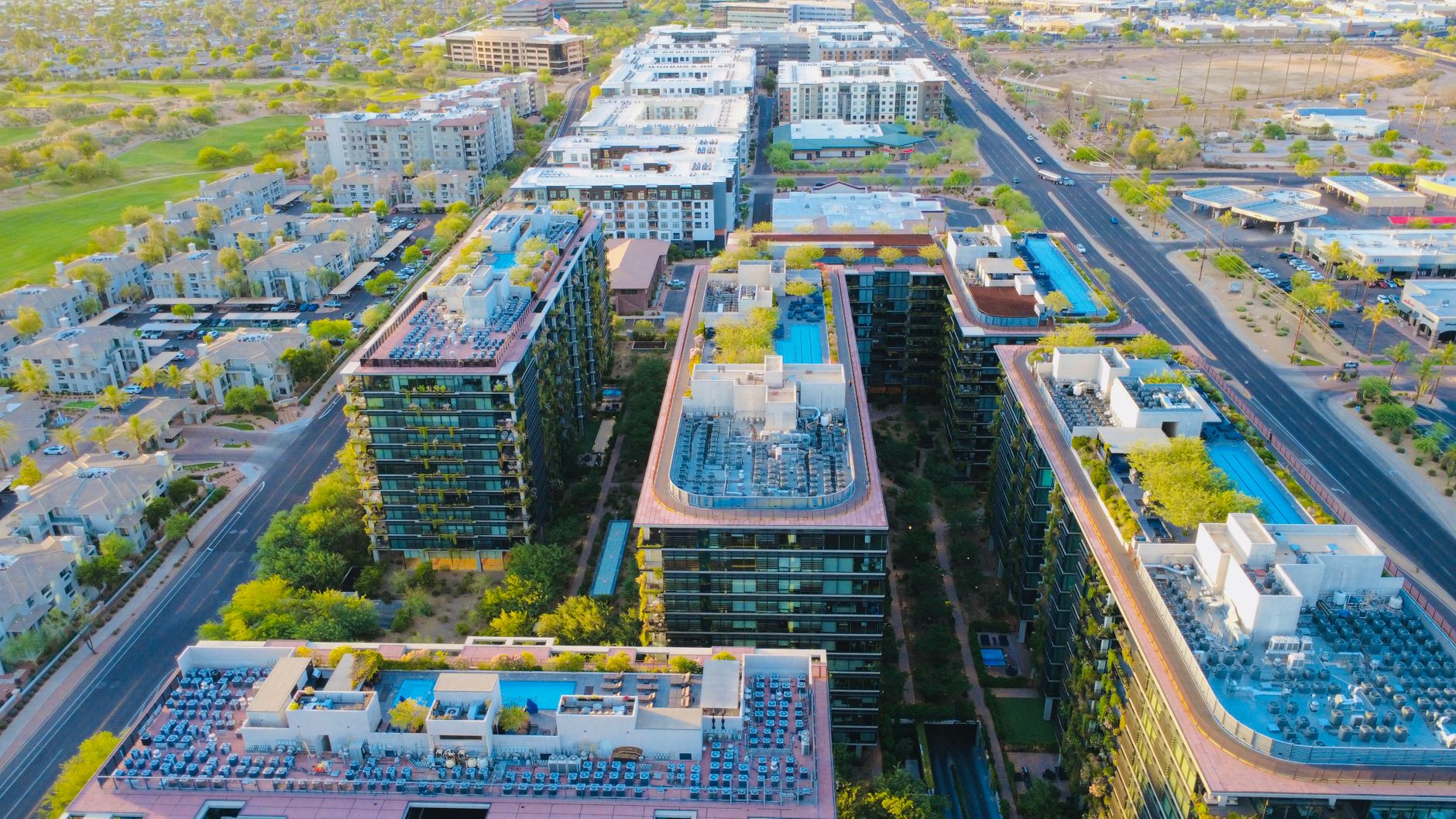 Aerial view of Scottsdale, Arizona at sunset