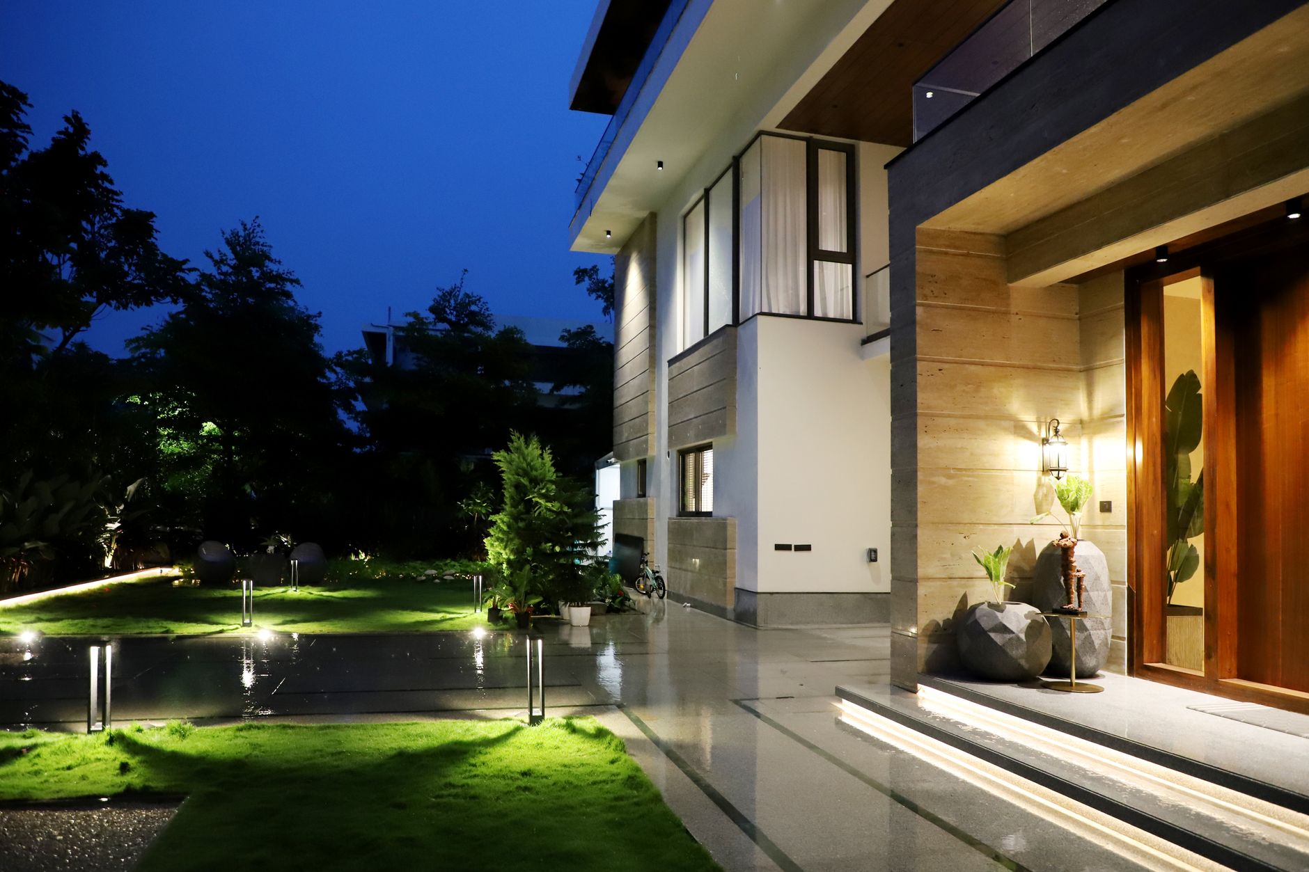 Contemporary residence illuminated at dusk