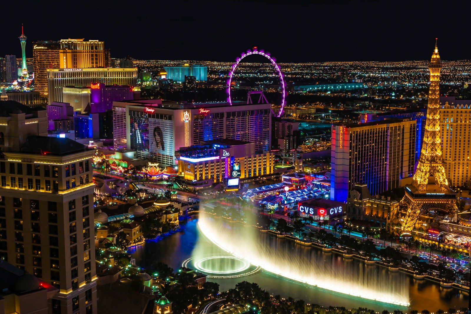 Nighttime Las Vegas Strip skyline with the High Roller